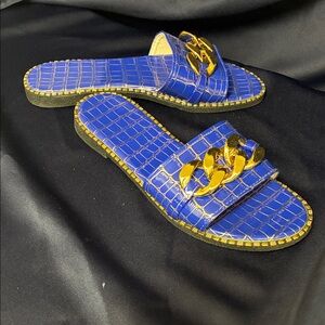 Blue Slide Sandals with Gold Accents